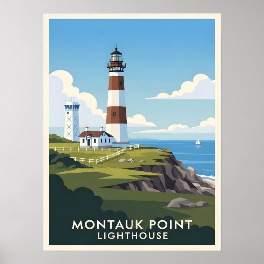 Montauk Point Lighthouse, Kustklif & Zeilboot Poster (Voorkant)
