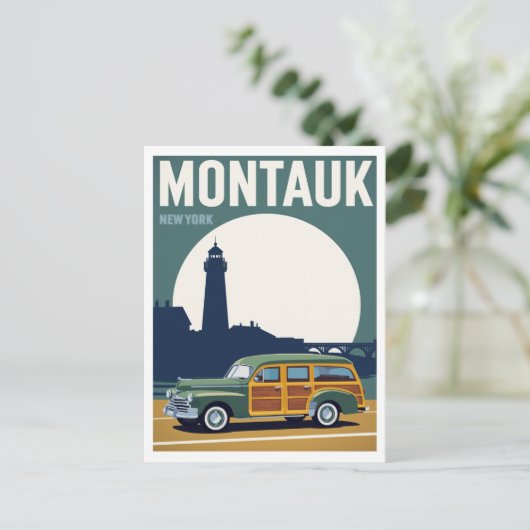 Montauk Woody Lighthouse Retro Briefkaart (Staand voorkant)