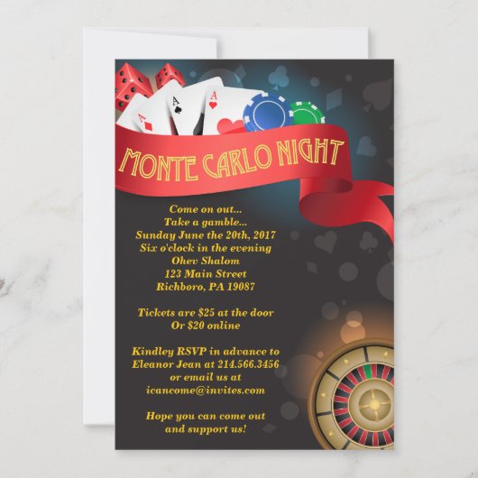 MONTE CARLO CASINO NIGHT Fund Invitation Kaart (Voorkant)