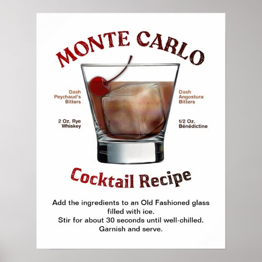 Monte Carlo Cocktail Recipe 16"X20" Poster (Voorkant)