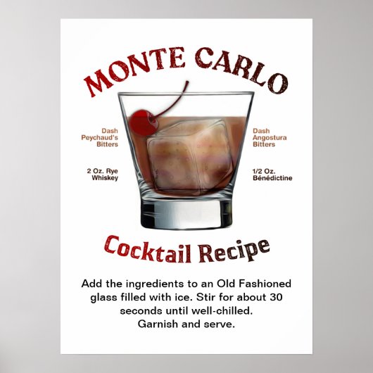 Monte Carlo Cocktail Recipe 18"X24" Poster (Voorkant)