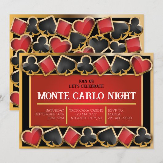 MONTE CARLO NIGHT FUNDRAISING EVENT VIP-uitnodigin Aankondiging (Voorkant / Achterkant)