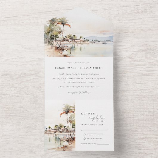 Montego Bay Jamaica Waterverf bruiloft All In One Uitnodiging (Binnen)