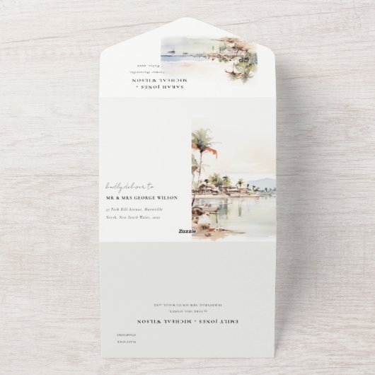 Montego Bay Jamaica Waterverf bruiloft All In One Uitnodiging (Buitenkant)