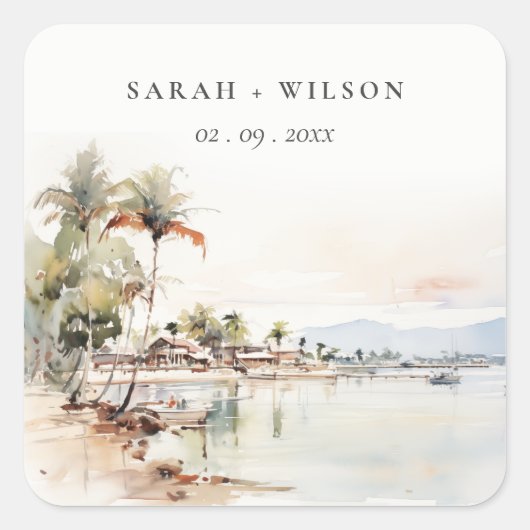 Montego Bay Jamaica Waterverf bruiloft Vierkante Sticker (Voorkant)