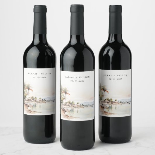 Montego Bay Jamaica Waterverf bruiloft Wijn Etiket (Flessen)