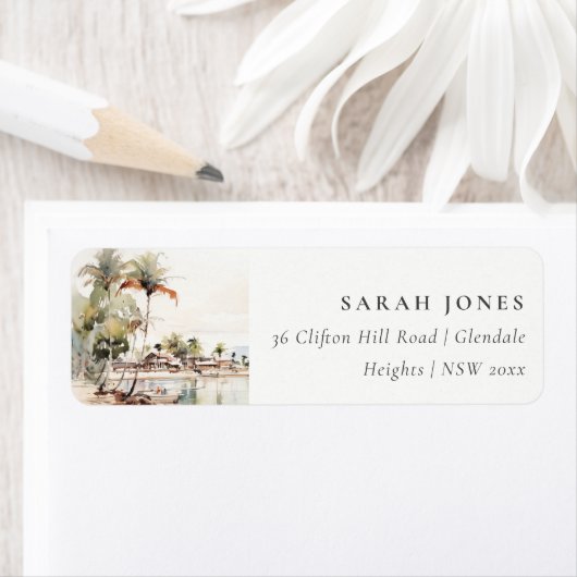 Montego Bay Jamaica Waterverf Landschapsadres Etiket (Insitu)