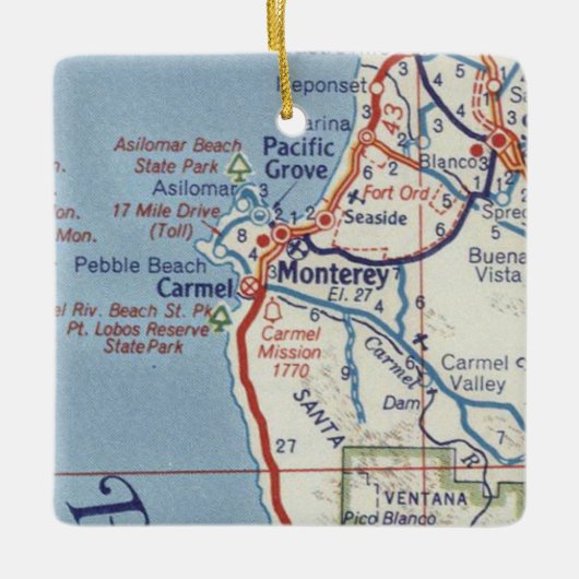 Monterey CA 50's Map Keramisch Ornament (Voorkant)