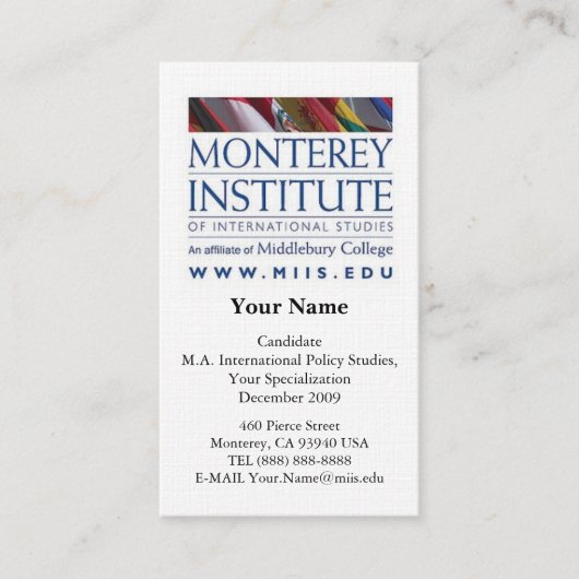 Monterey Institute of International Studies Card Visitekaartje (Voorkant)