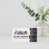 Monteur onderhoudt auto's | Stapels banden Visitekaartje (Staand voorkant)