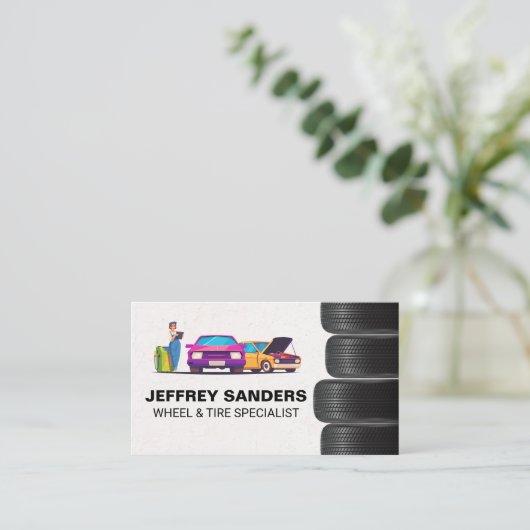 Monteur onderhoudt auto's | Stapels banden Visitekaartje (Staand voorkant)