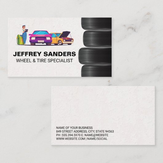 Monteur onderhoudt auto's | Stapels banden Visitekaartje (Voorkant / Achterkant)