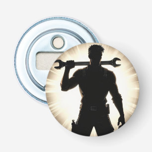 Monteur Silhouet Sleutel Over Schouder Button Flesopener