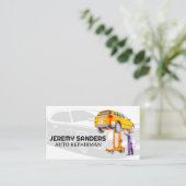 Monteur werkt aan auto visitekaartje (Staand voorkant)