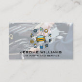 Monteur werkt aan motor met sleutel visitekaartje (Voorkant)