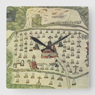 Montezuma's Aztec Empire, Antiek Wereldkaart, 1577 Vierkante Klok