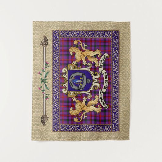 Montgomery Clan Badge & Tartan met leeuwen Wandkleed (Voorkant)
