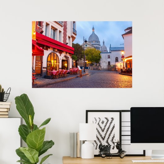 Montmartre in Paris, France Old Street Cafe Poster (Thuiskantoor)