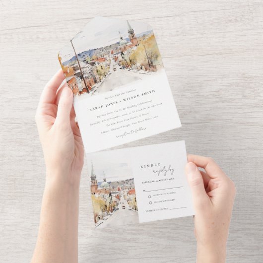 Montpelier City Scape Vermont Waterverf bruiloft All In One Uitnodiging (Afscheurbaar)