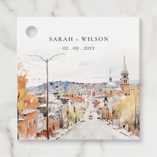 Montpelier City Scape Vermont Waterverf bruiloft Bedankjes Labels (Voorkant)