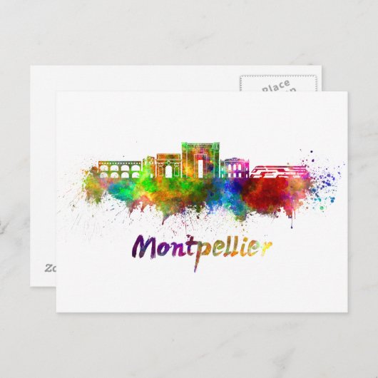 Montpellier skyline in waterverf briefkaart (Voorkant / Achterkant)