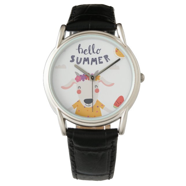 Montre Hello Summer - Zwarte lederen klassieke kaa Horloge (Voorkant)