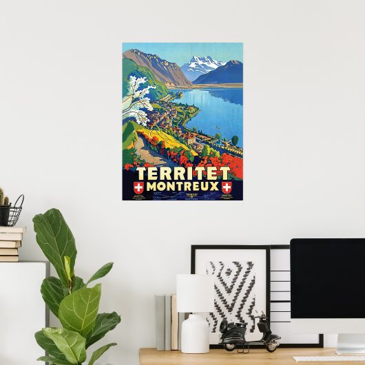 Montreux, Areal uitzicht, bergen, meer, Zwitserlan Poster (Thuiskantoor)