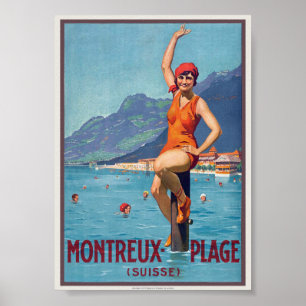 Montreux Plage Zwitserland Vintage Poster ca. 1920