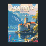 Montreux Zwitserland Reizen Kunst Vintage Briefkaart<br><div class="desc">Montreux retro vector reisontwerp. Montreux is een traditionele badplaats aan het Meer van Genève. Genesteld tussen steile heuvels en de oever van het meer.</div>