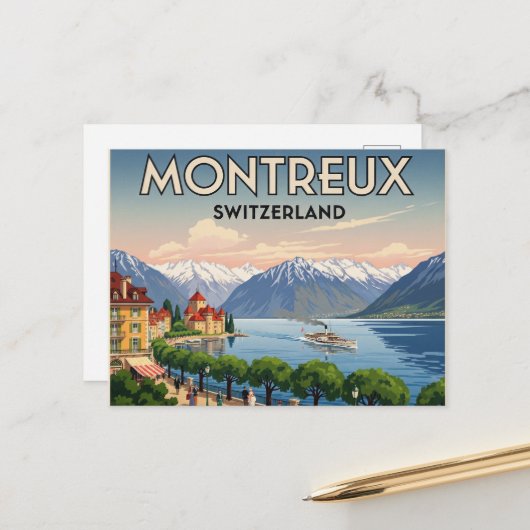 Montreux Zwitserland Reizen Kunst Vintage Briefkaart (Voorkant / Achterkant in situ)