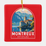 Montreux Zwitserland Reizen Kunst Vintage Keramisch Ornament<br><div class="desc">Montreux retro vector reisontwerp. Montreux is een traditionele badplaats aan het Meer van Genève. Genesteld tussen steile heuvels en de oever van het meer.</div>