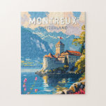 Montreux Zwitserland Reizen Kunst Vintage Legpuzzel<br><div class="desc">Montreux retro vector reisontwerp. Montreux is een traditionele badplaats aan het Meer van Genève. Genesteld tussen steile heuvels en de oever van het meer.</div>