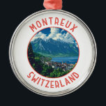 Montreux Zwitserland Retro Noodcirkel Metalen Ornament<br><div class="desc">Montreux retro vector reisontwerp. Montreux is een traditionele badplaats aan het Meer van Genève. Genesteld tussen steile heuvels en de oever van het meer.</div>