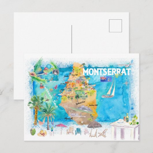 Montserrat Antilles Geïllustreerde Caribische Reis Briefkaart (Voorkant / Achterkant)