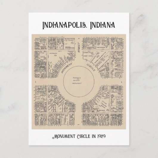 Monument Circle in Indianapolis, Indiana 1929 Briefkaart (Voorkant)