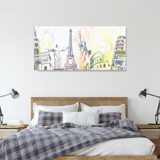 Monumenten van de wereld verpakt canvas print (Insitu (Slaapkamer))