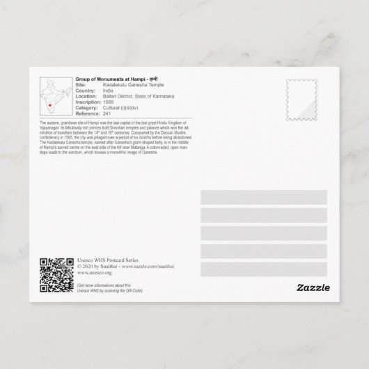 Monumentengroep Hampi - Kadalekalu Temple Briefkaart (Achterkant)