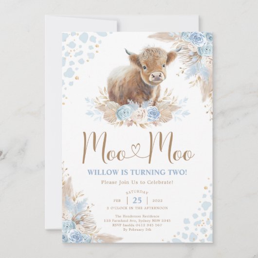 Moo Boho Pampas Blue Highland Koe 2e verjaardag Kaart (Voorkant)