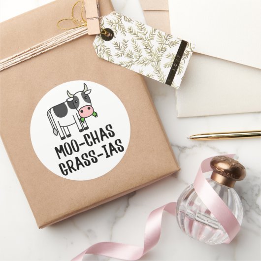 Moo-chas Grass-ias, Muchas Gracias geschenken Kalf Ronde Sticker (Geschenken)