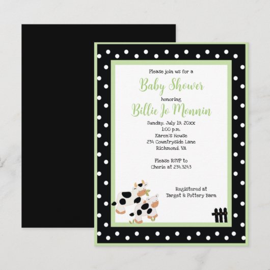 Moo Cow Black White Green Baby shower Invitation Uitnodiging Briefkaart (Voorkant / Achterkant)