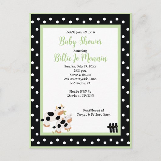 Moo Cow Black White Green Baby shower Invitation Uitnodiging Briefkaart (Voorkant)