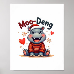 Moo-Deng Christmas Hippo Schattigee vakantie Carto Poster