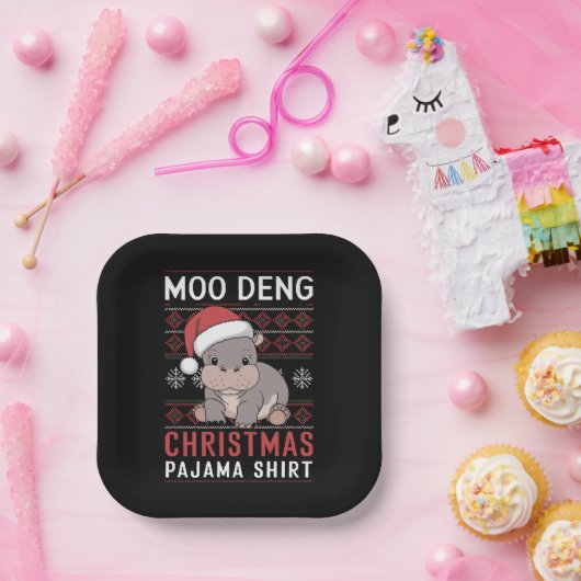 Moo Deng Christmas pyjama bijpassende familie Papieren Bordje (Feest)