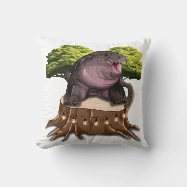 Moo Deng Hippo zit aan een boom. Kussen (Voorkant)