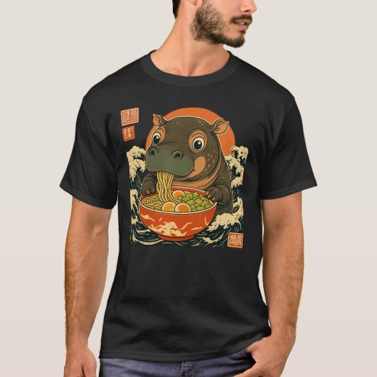 Moo Deng nijlpaard eet ramen voor Japanse stijl T-shirt (Voorkant)