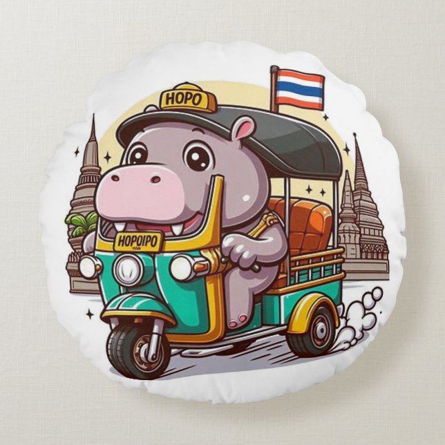 Moo Deng op tourkussen Rond Kussen (Voorkant)