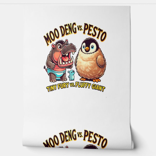 Moo Deng vs. Pesto Angry Hippo vs. Fluffy Penguin Behang (Afrollen)
