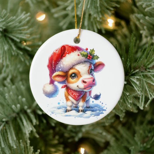 Moo-ey Christmas | Koe in Santa Hat Keramisch Ornament (Boom)