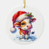Moo-ey Christmas | Koe in Santa Hat Keramisch Ornament (Voorkant)