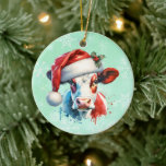 Moo-ey Christmas | Koe in Santa Hat Keramisch Ornament<br><div class="desc">Schattigee AI-illustratie van een schattige koe in een Santa's pet.. U kunt uw eigen vakantie begroeting toe te voegen op de achterkant in het gepersonaliseerde gebied.</div>